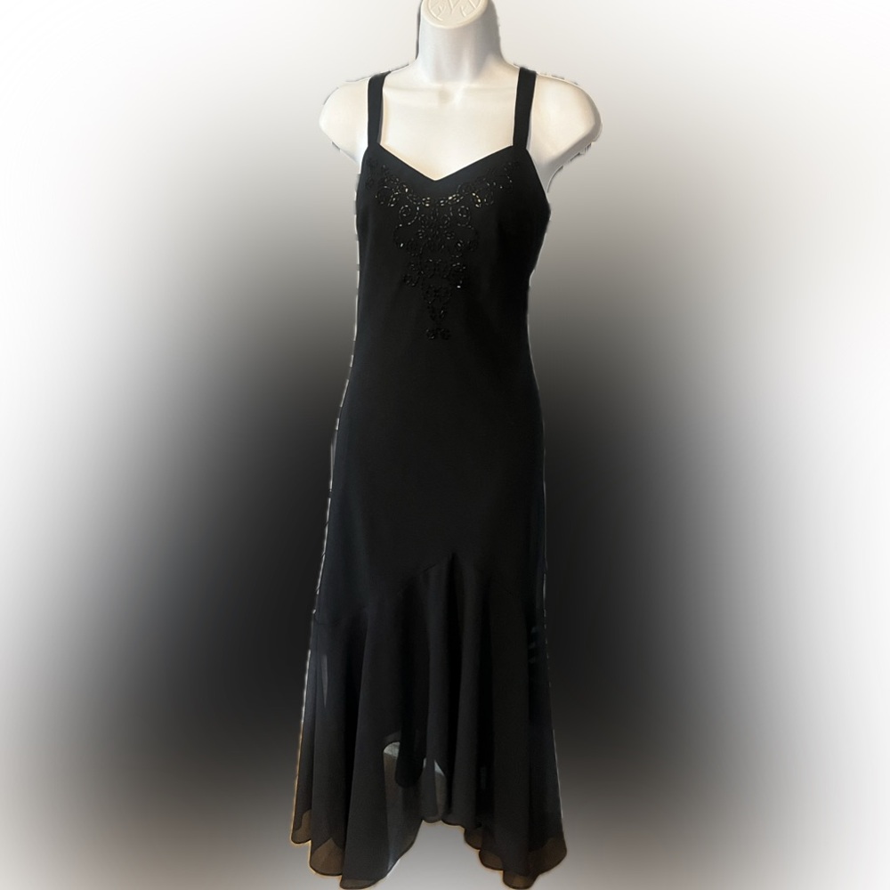 Y2K Fairy Hem Black Gown with Beaded Neckline and Sheer Overlay